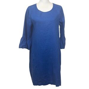 John Mark Blue 100% Linen Ruffle Sleeve Shift Dress, medium, coastal, relaxed